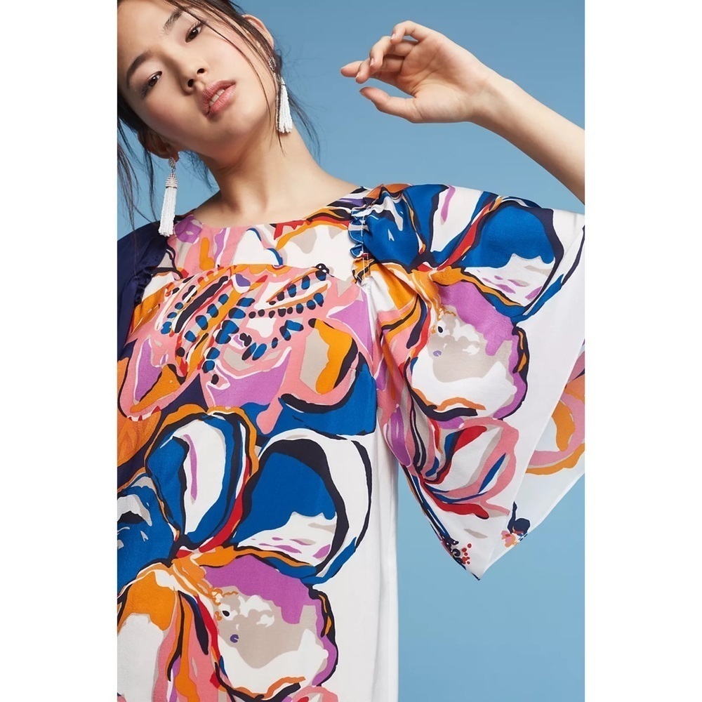 EUC Anthropologie Maeve Floral Vero Flutter Sleeves Silk Shift Dress Small​​​​​ - Picture 9 of 10